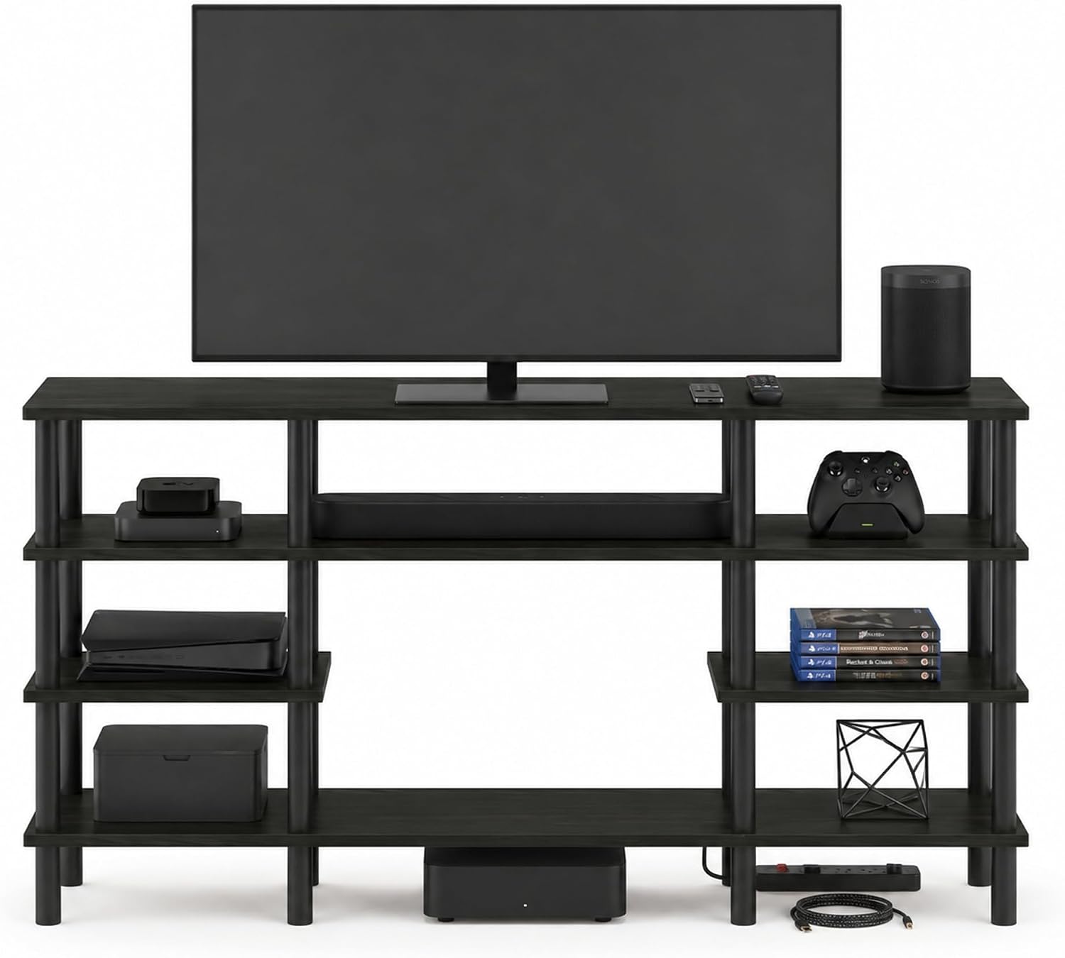 Furinno Nelly TV Stand, 3-Tier Entertainment Center with Open Shelves Storage, TV Console for TV up to 55 Inch, Soft Edges, for Living Room, Bedroom, Black
