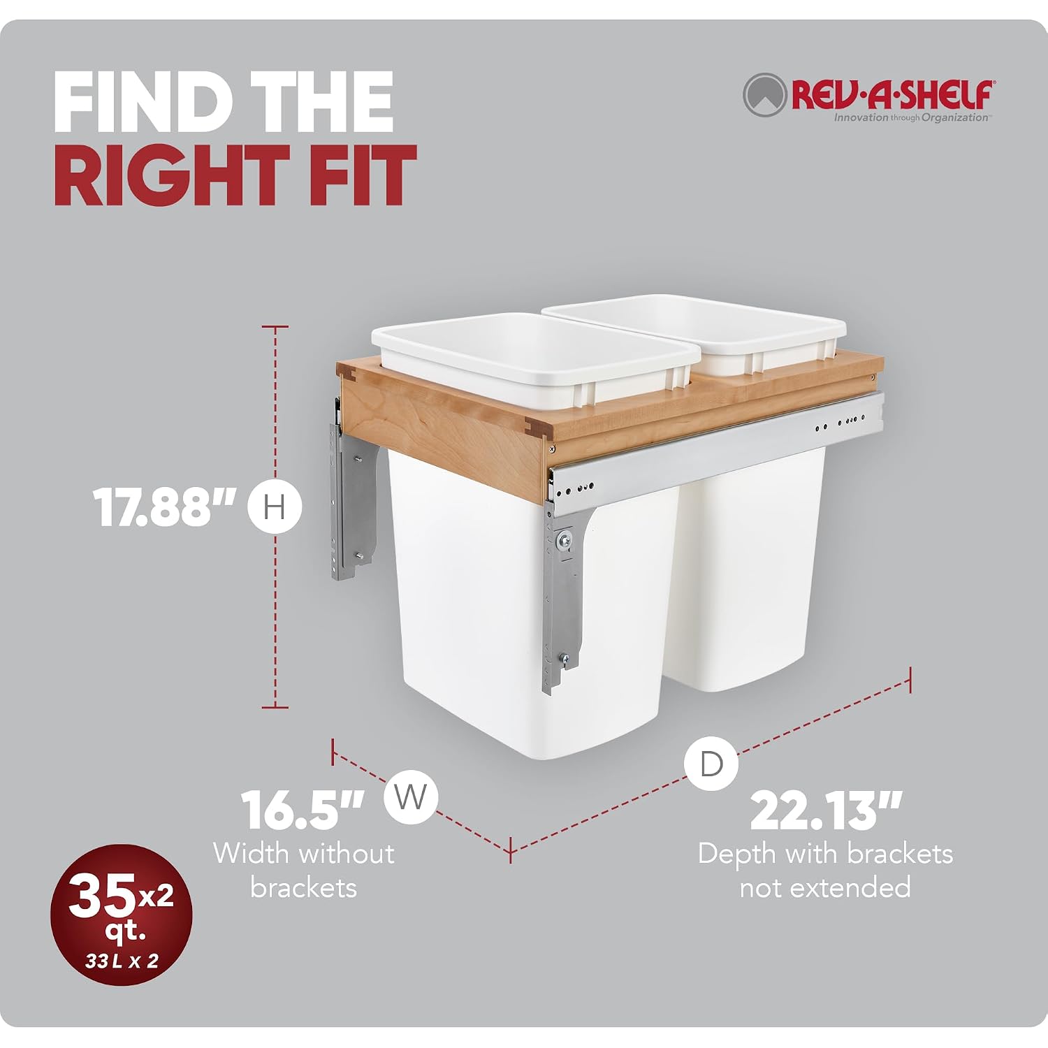 Rev-A-Shelf Top Mount Double Pullout Under Cabinet 35 Quart Kitchen Trash Cans, 150 Pound Rated Full-Extension Slides, 4WCTM-18DM2-419-FL