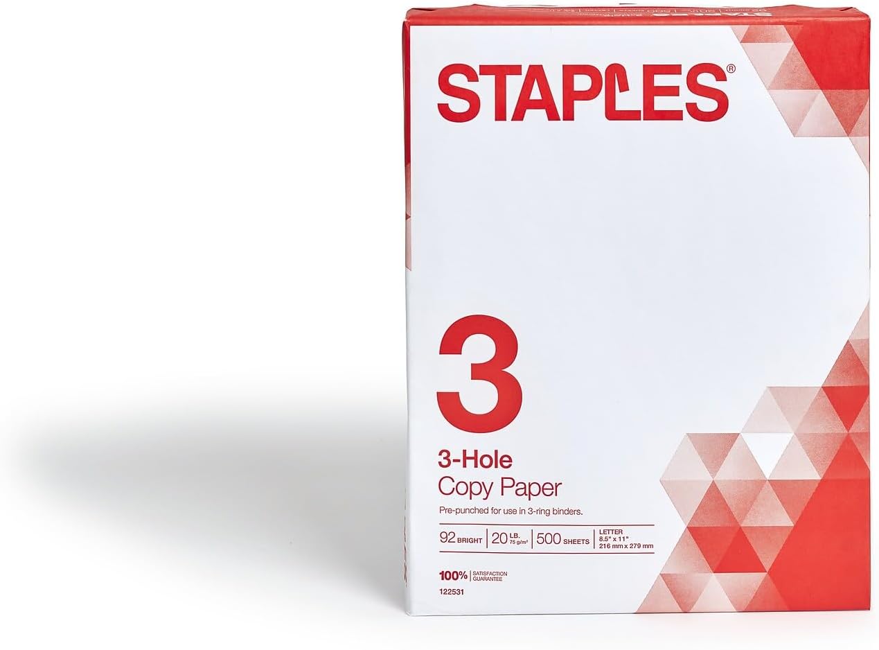 Staples 8.5" x 11" 3-Hole Punched Copy Paper, 20 lbs., 92 Brightness, 500/Ream