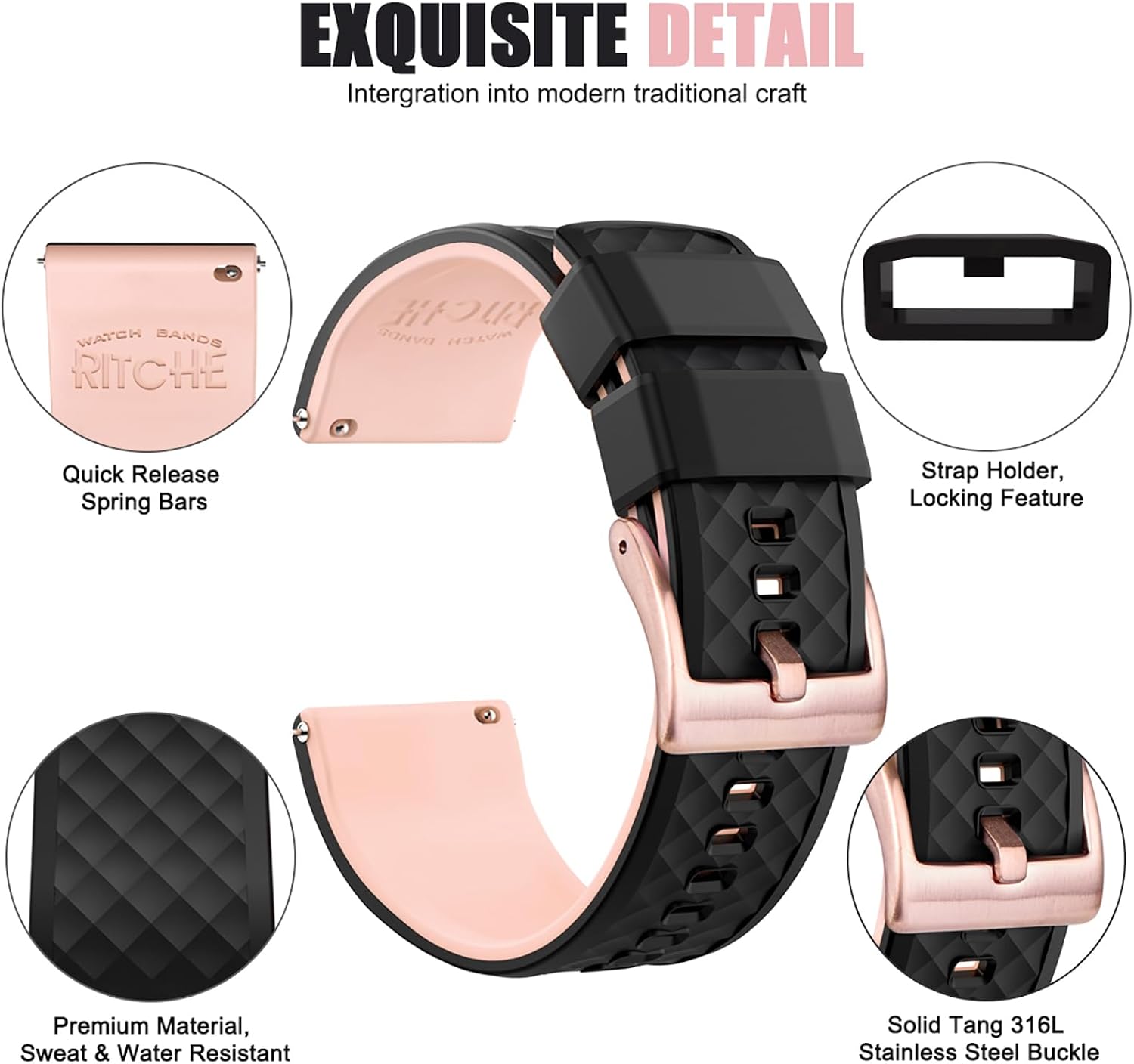 Ritche Christmas Gift Silicone Watch Bands 18mm 20mm 22mm 24mm Quick Release Rubber Watch Bands for Men, White Elephant Gifts