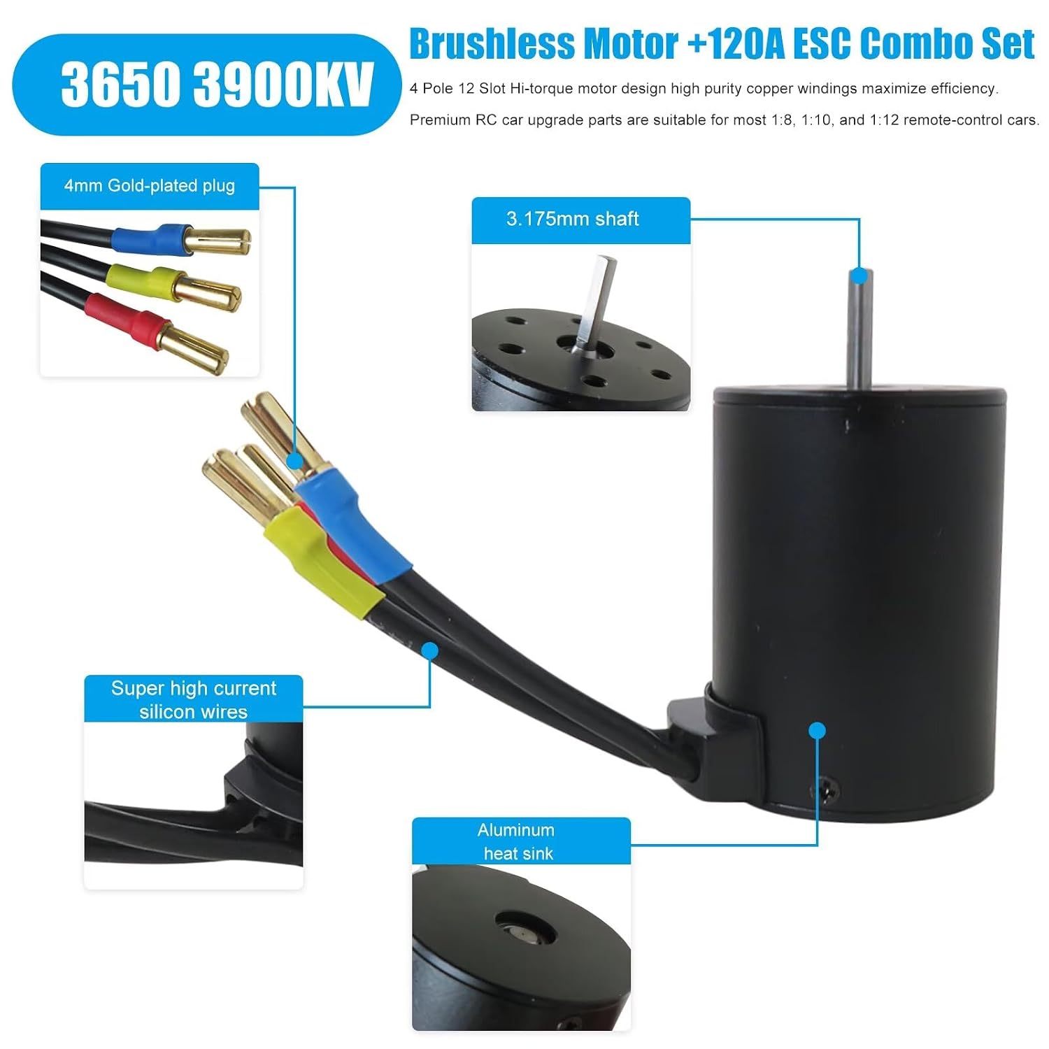 New Brushless Motor ESC Combo Set 3900KV 120A for 1:8 1:10 1:12 Scale RC Vehicles