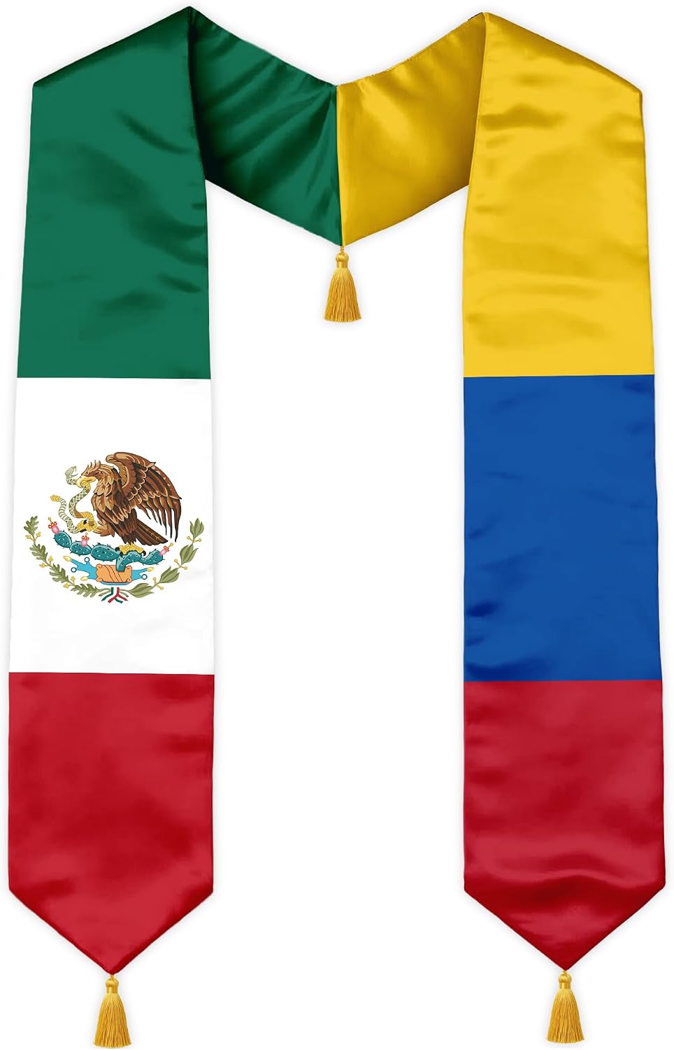 Class of 2026 Dual Flag Graduation Stole with Gold Tassels, Half and Half Country Flag Satin Sash, V-Neck