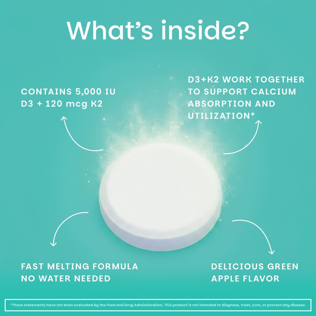 EZ Melts Dissolvable Vitamin D3 5,000 IU - Vegan Vitamin D Supplement for Bone & Teeth Support - No Artificial Flavors - Plant-Based & Non-GMO - Green Apple - 90 Dissolvable Tablets (90 Servings)