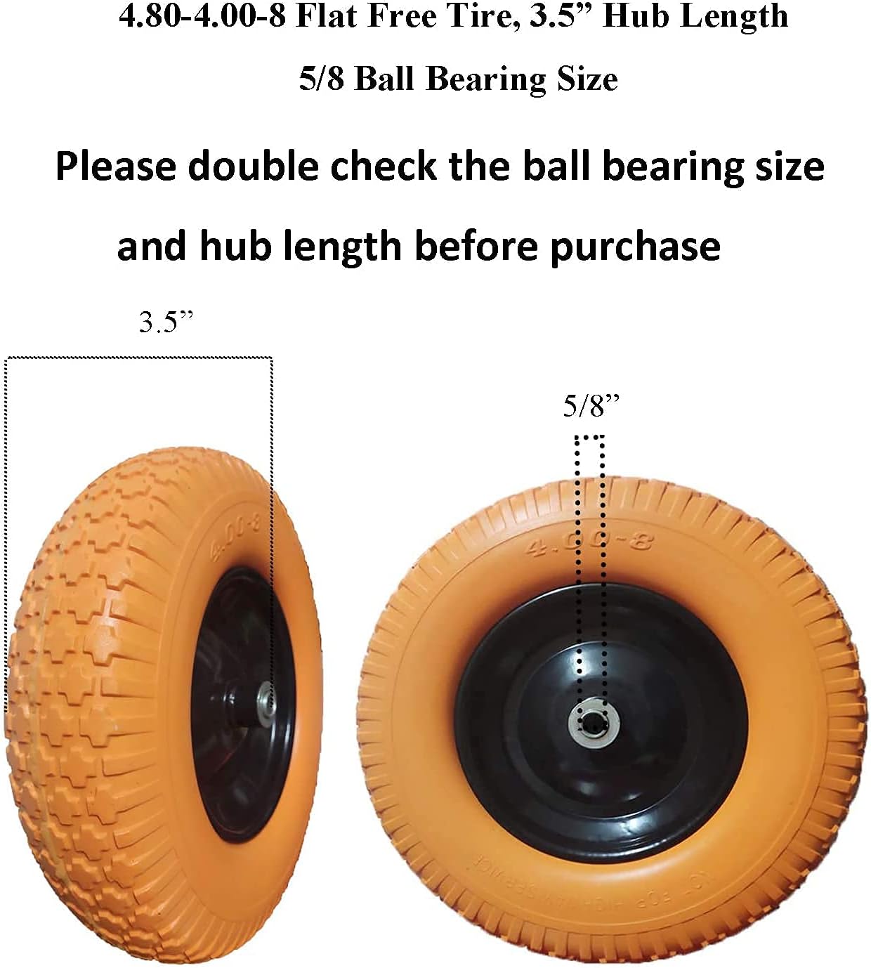 Wheelbarrow Tires 4.80/4.00-8 with 3/4 & 5/8 Bearings