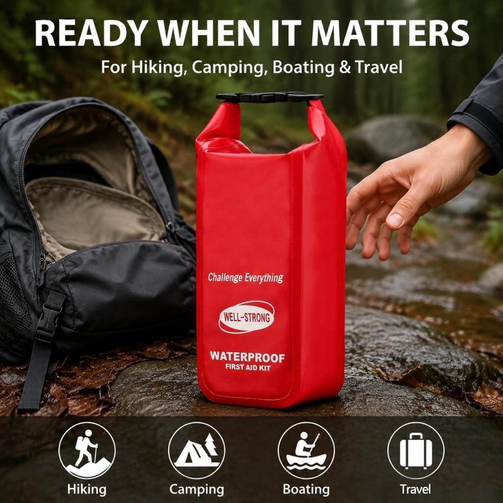 Waterproof First Aid Kit Roll Top Boat Emergency Kit with Waterproof Contents for Fishing Kayaking Boating Swimming Camping Rafting Beach Red