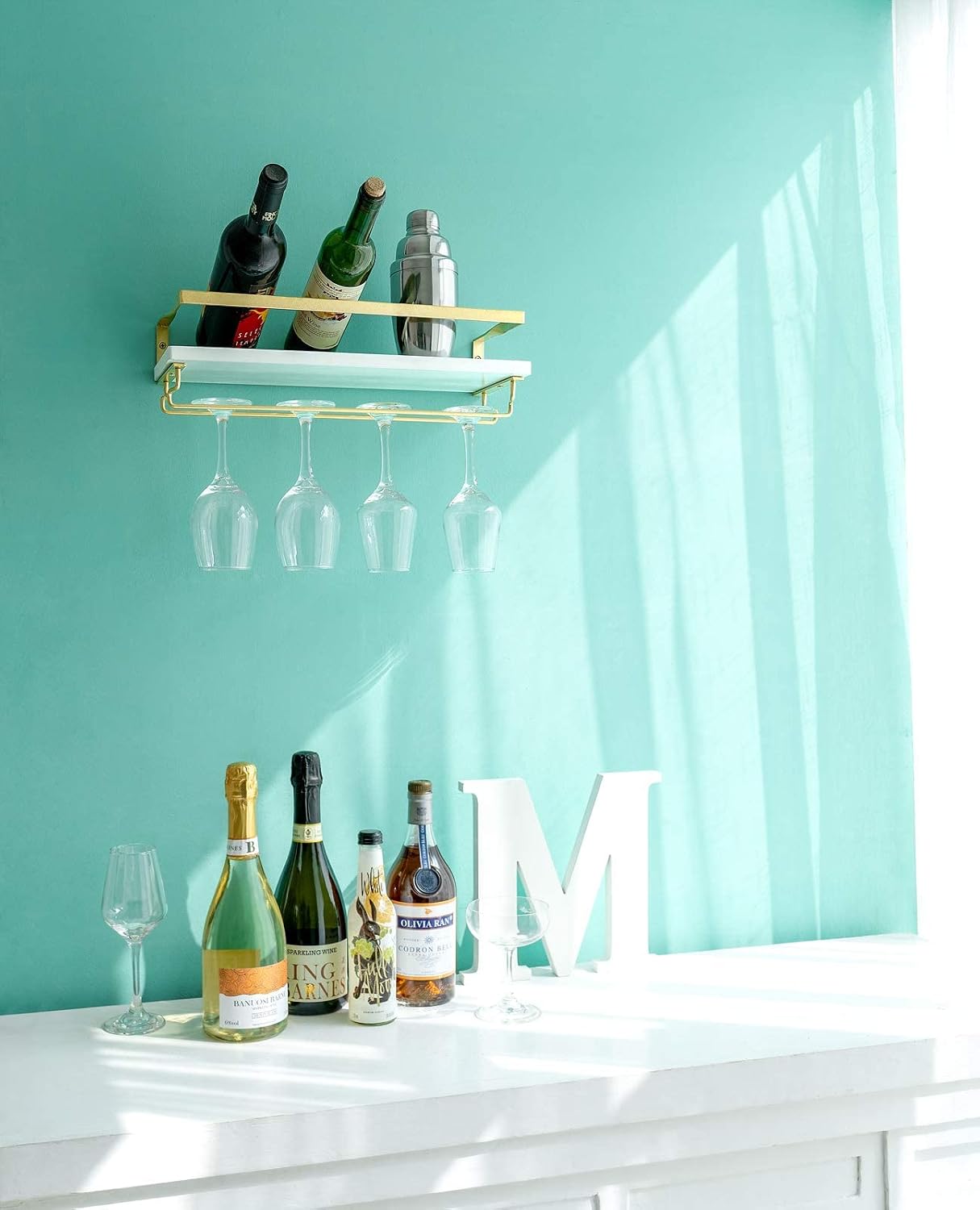 Mkono Wall Mounted Wine Rack Set of 2 Wood Rustic Wine Bottle Glass Floating Shelves with Stemware Hanger Modern Plants Photos Wine Display Storage