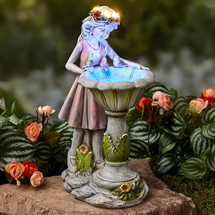 The Lakeside Collection Bird Bath Sculpture Solar Lighted Girl with Fountain