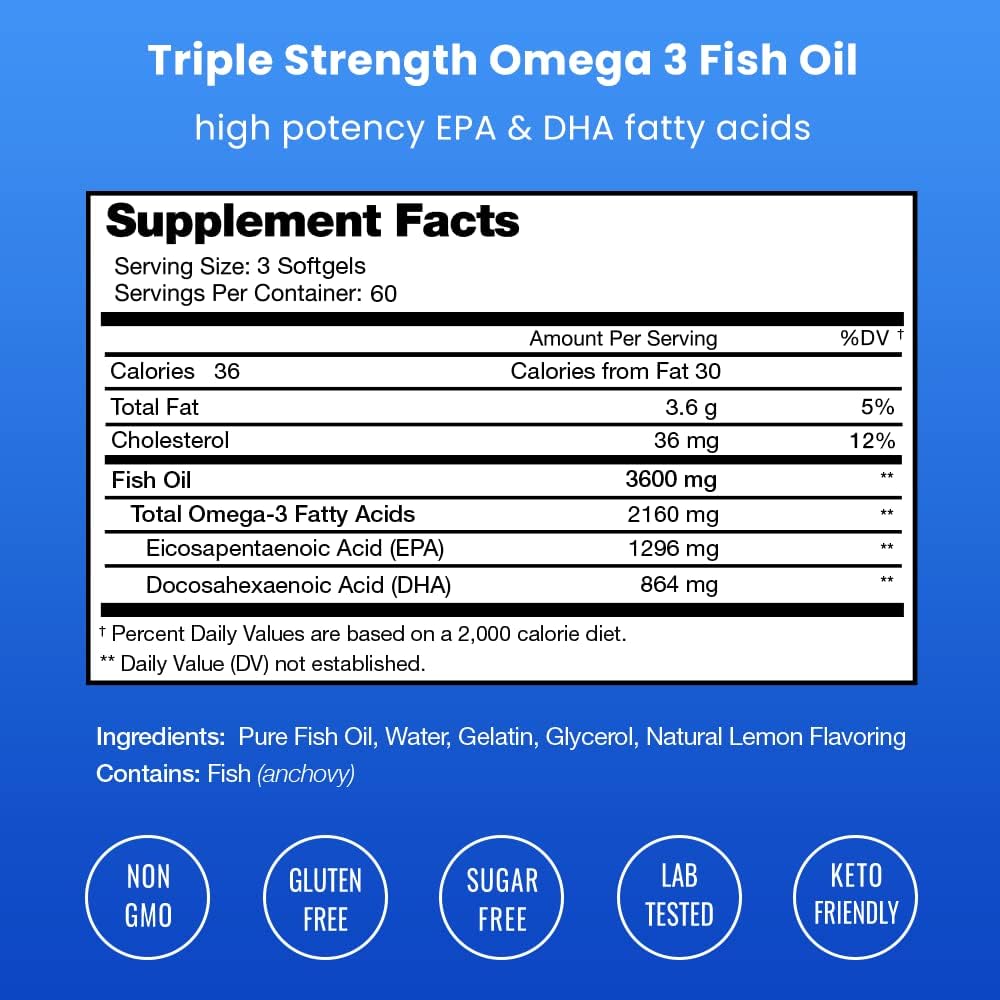 Triple Strength Omega 3 Fish Oil 3600 mg | EPA & DHA | 180 Softgels | Burpless Fish Oil Supplement