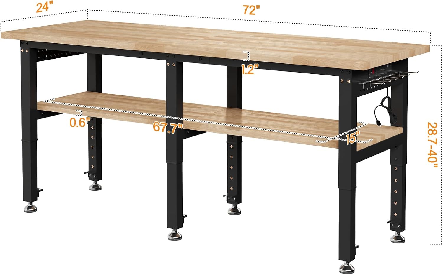 SPECRAFT Adjustable Black Heavy-Duty Workbench | 2000 Lbs Capacity, Rubber Wood Top, 4 AC Outlets and 2 USB Ports, for Garage, Workshop and Office