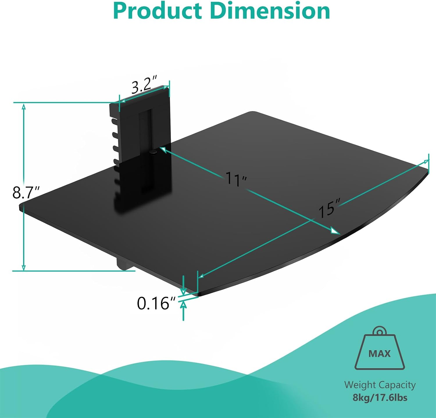 WALI Floating TV Shelf, 2 Tier Glass Projector Shelf for DVD Players, Routers, Game Consoles, Cable Boxes, Living Room Decor, Wall Mount Shelves Hold Up to 17.6lbs (CS202B), 2-Shelf, Black