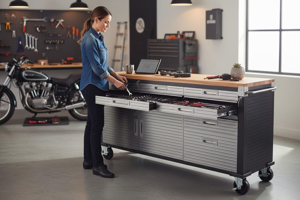 Heavy-Duty Rolling Workbench with Drawers and Cabinet, 77" W x 20" D x 37.5" H, (Red, 11 Drawer)