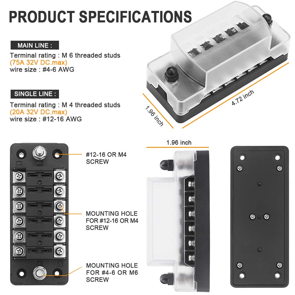 ELECTOP 6 Way 12V/24V Fuse Block Blade with Negative Bus