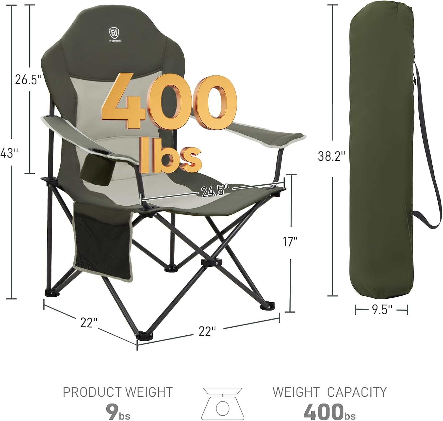 EVER ADVANCED High Back Folding Camping Chair Oversized and Fully Padded, Portable Quad Camp Lawn Chair Up to 400 lbs, with Cup Holder Armrest Carrying Bag