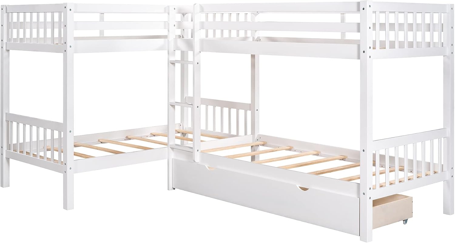 Harper & Bright Designs Twin L-Shaped Bunk Bed with Trundle, Can be Divided into Two L-Shaped Beds, No Spring Box Needed (Grey)