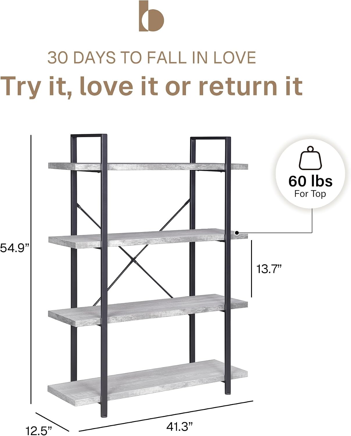BELLEZE 4 Tier Modern Rustic Industrial Bookshelf, Open Wide Office Etagere Book Shelf