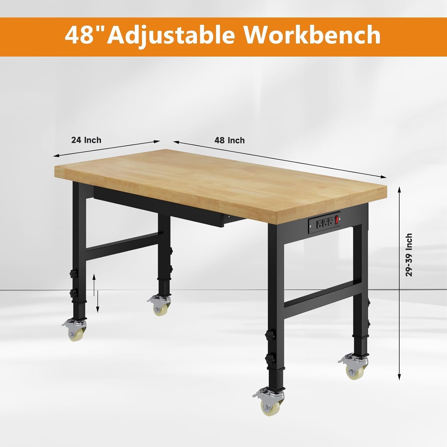 48" Heavy Duty Work Bench with Drawers, Adjustable Height Workbench with Wheels, 2000 LBS Capacity Work Table with Power Outlets for Garage, Workshop, Office, Home