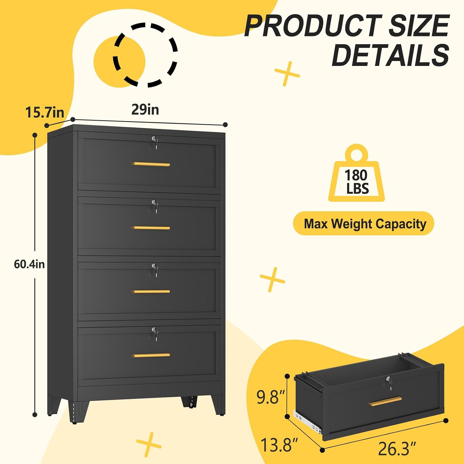 3 Drawer File Cabinet, Office Mobile Filing Cabinet, Printer Stand | All-in-One Office Storage, 3 Storage Drawers, 2 Adjustable Shelves, Lockable Cabinet, 4 Casters, 46.5-Inch Top
