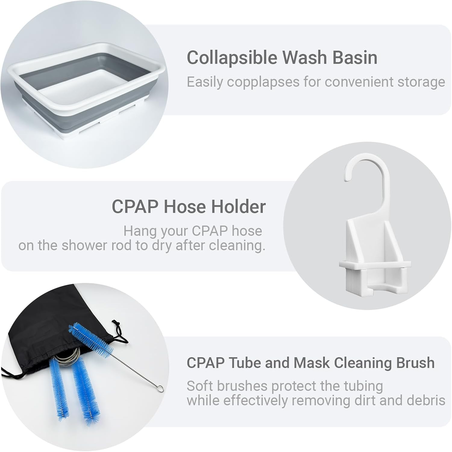 9 Pack CPAP Cleaning Kit, Collapsible Wash Basin, CPAP Hose Holder | CPAP Tube Clips, CPAP Tubing Holder