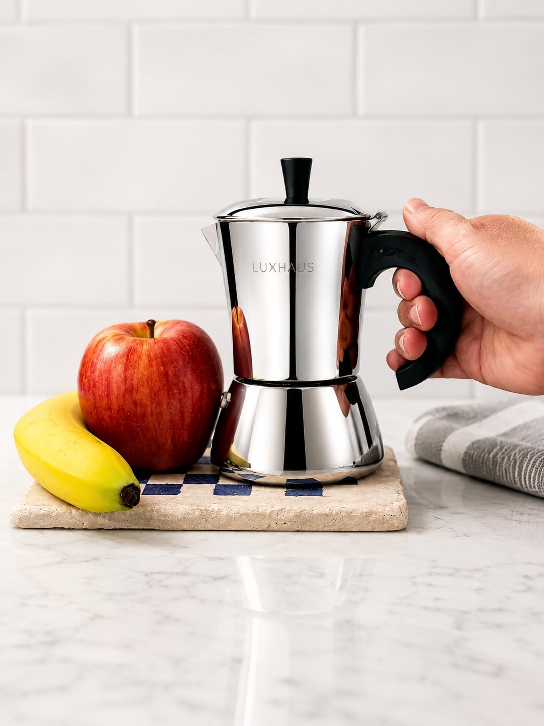 LuxHaus 3 Cup Moka Pot (2oz each cup - 6oz total) Stovetop Espresso Maker - Stainless Steel Italian and Cuban Mocha Coffee Maker