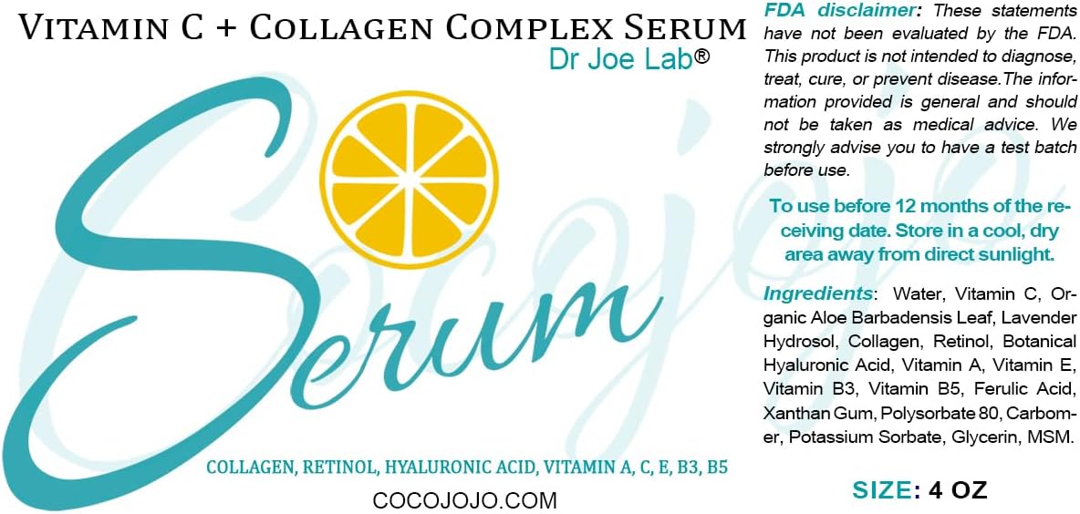 Dr Joe Lab #1 Vitamin C & Collagen Complex Serum Bulk - Multiple Purposes Face Skin Ultra Hydrating Rejuvenating Instant Moisturizer COCOJOJO (4 oz)