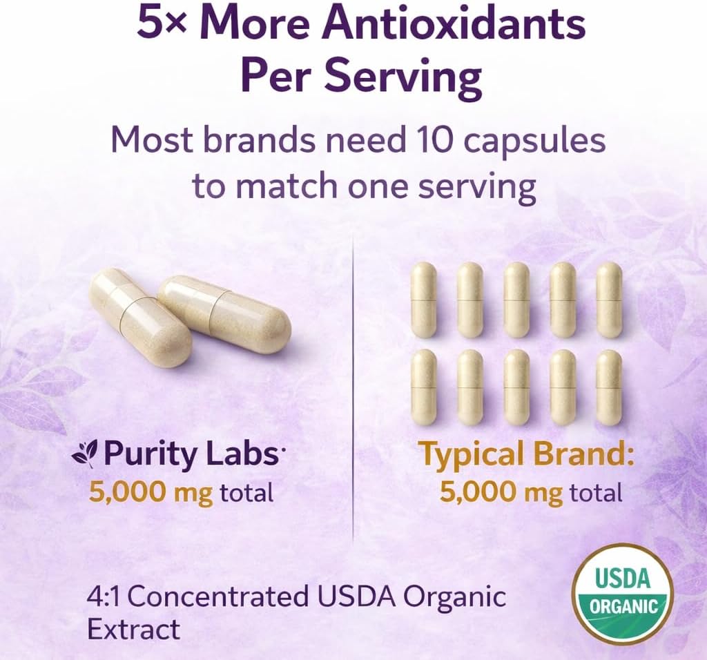 Purity Labs Trans-Resveratrol Supplement 5, 000 mg Equivalent per Serving with Quercetin, USDA Organic High Potency Antioxidant, Vegan Capsules