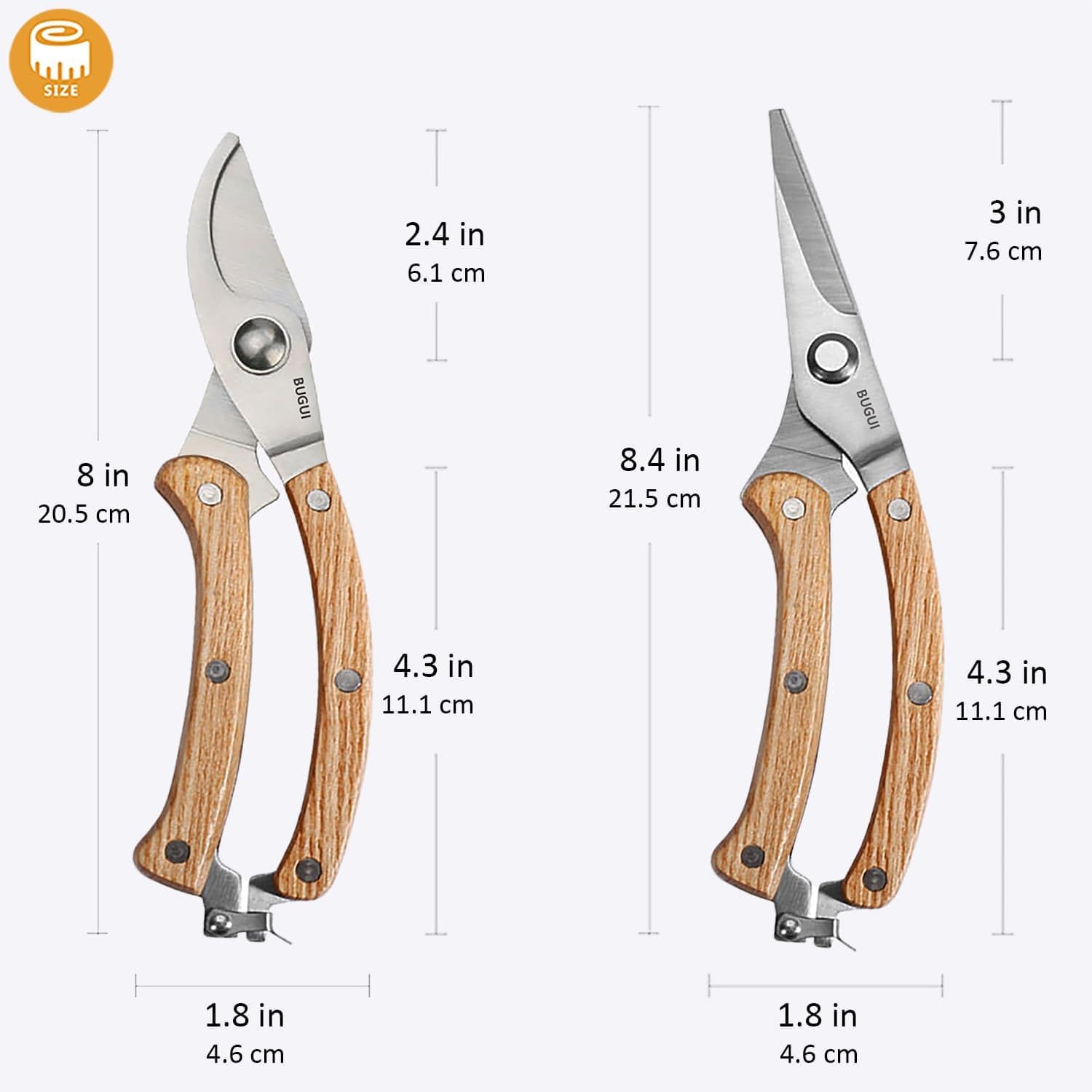 BUGUI Wood Handle Pruning Shears, SK-5 Steel Blade, 1-inch Cutting Capacity, Sharp, Well Designed Garden Shears, 8"