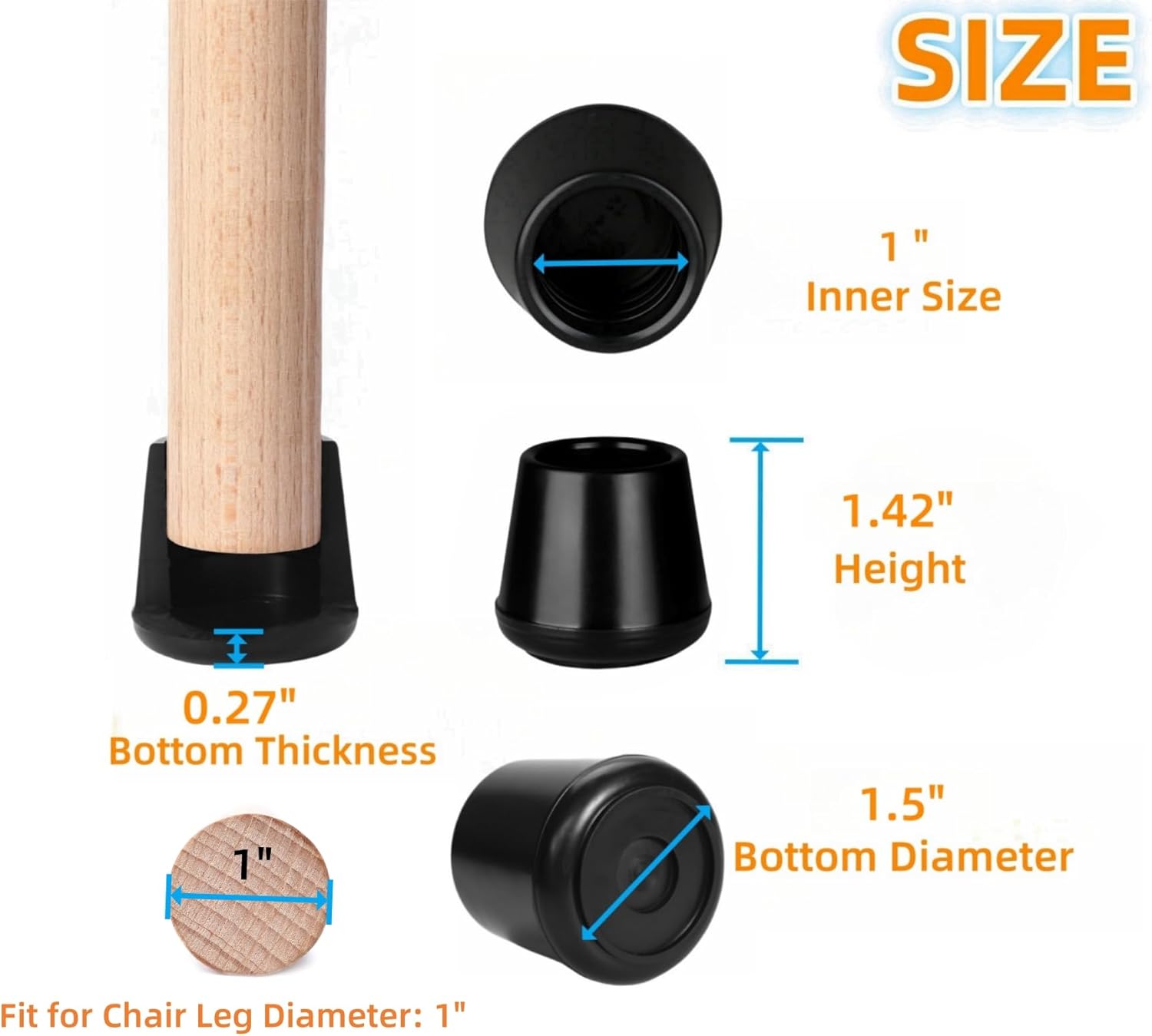 Furnigear Chair Leg Tips Caps Non-Slip Rubber Leg Tips 1-1/2” Inner Diameter Chair Leg Floor Protectors Round Black 4 Pack (Fit Round Diameter