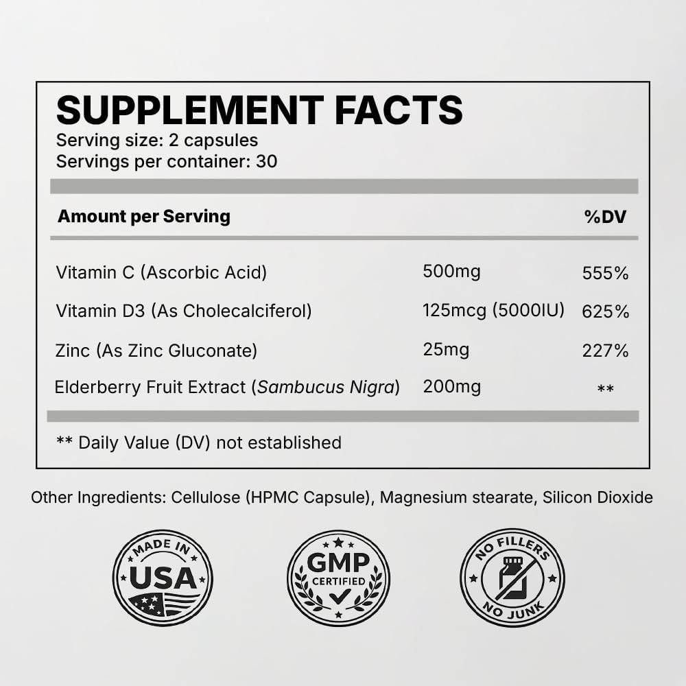 Immune Support Capsules for Adults with Elderberry, Vitamin C, Vitamin D3 & Zinc – Daily Immune Defense Supplement | Zealthy Life | 60 Capsules