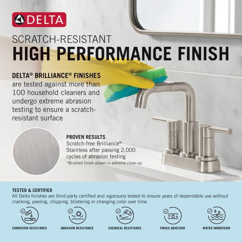 Delta Woodhurst Centerset Brushed Nickel Bathroom Faucet, 4 Inch 3 Hole Bathroom Sink Faucet for Vanity, Metal Push-Pop Drain Assembly