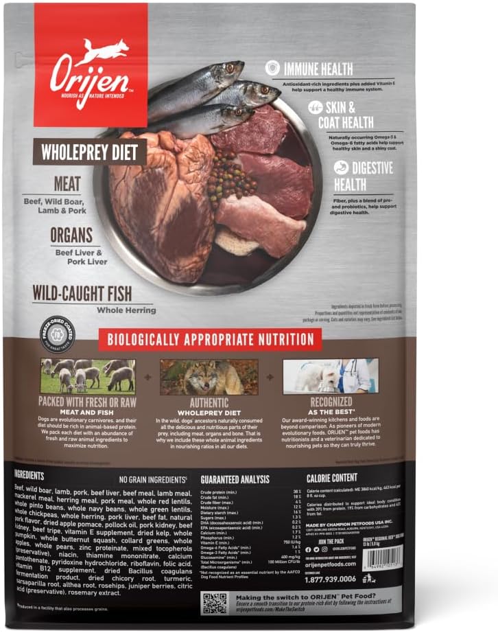 ORIJEN Grain Free WHOLEPREY Dry Dog Food Original Recipe 13lb. Bag | WHOLEPREY Ingredients, Grain Free, Made in the USA, Skin & Coat, Global Quality Ingredients