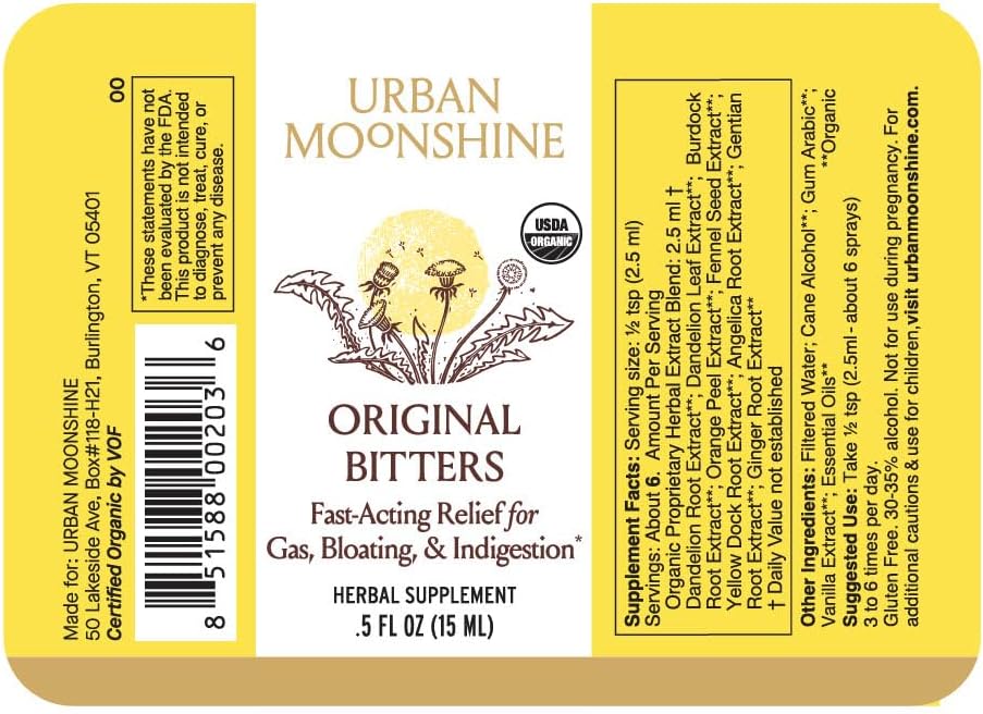 Urban Moonshine Original Digestive Bitters - Debloat - Gut Health - 2 Fl Oz | Fast-Acting Bitters for Digestion - Relieves Occasional Heartburn & Indigestion - Appetite Regulation - Certified Organic