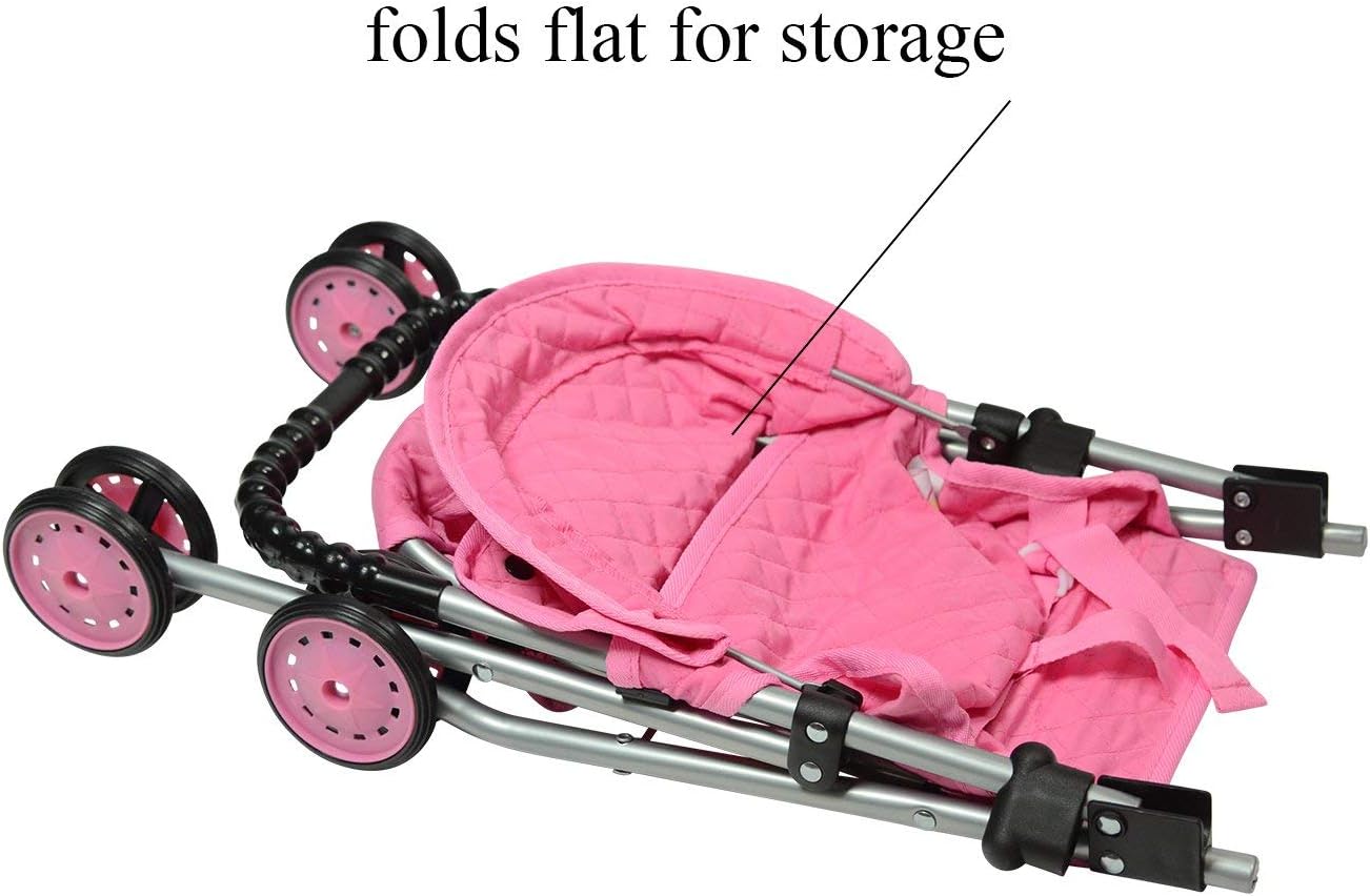 The New York Doll Collection My First Doll Stroller with Basket & Heart Design Foldable Doll Stroller, Pink