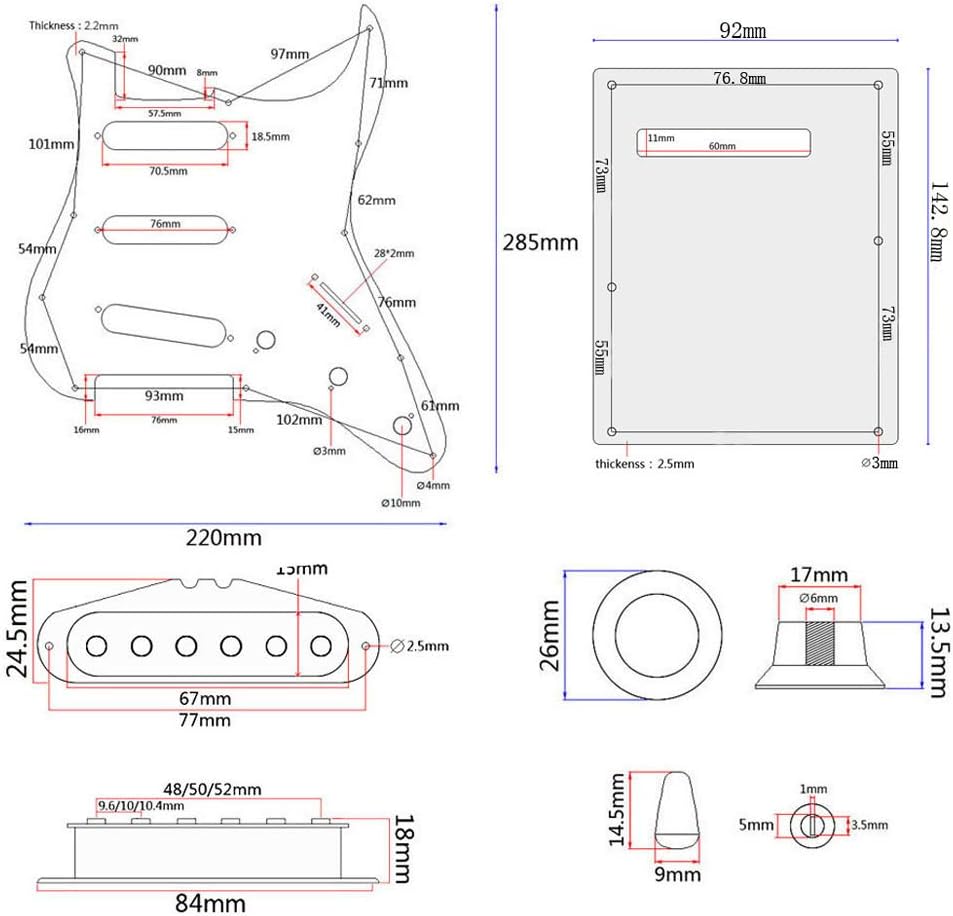 ST Electric Guitar DIY Kit Prewired Pickguard SSS Black | No-solder prewired pickguard. SSS Alnico pickups, 5-way switch. Tremolo bridge