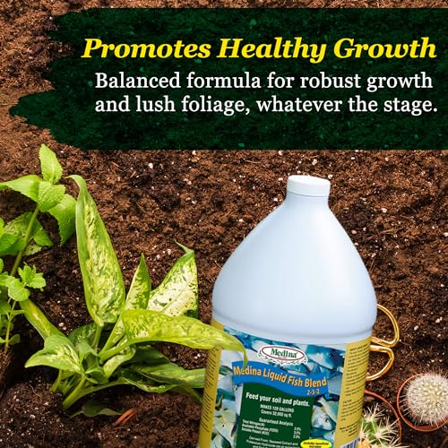 Medina Liquid Fish Blend Fertilizer 2-3-2, 1 Gallon | Gro, Bloom, and Lush Gardens, Seaweed Enriched Plant Food, Vibrant Growth and Blooms, Available