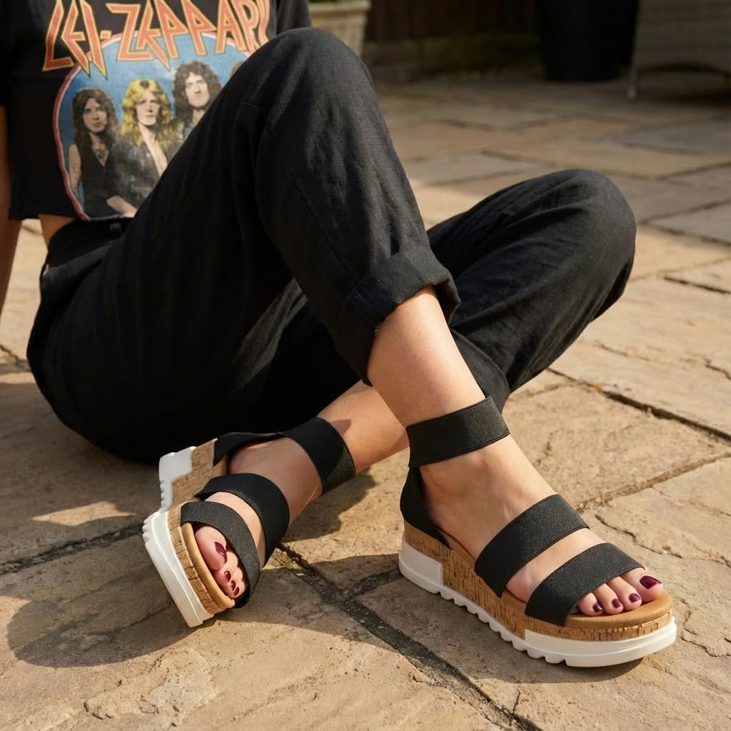 CUSHIONAIRE Naomi Cork Wedge Sandals for Women – Soft Stretch Straps Comfortable Platform Sandals for Women with Memory Foam Insole