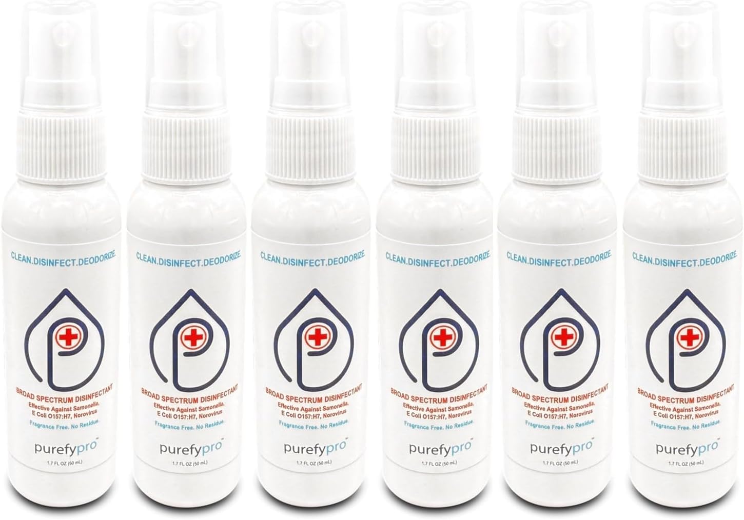 Purefypro Disinfectant Spray (1.7oz, 6 Pack) - No Rinse. No Residue. Kills 99.9999% Norovirus, HIV, Hepatitis, Flu, Monkeypox Virus, and Fungi, MRSA VRE, Drug Resistant Germs. (On The Go)