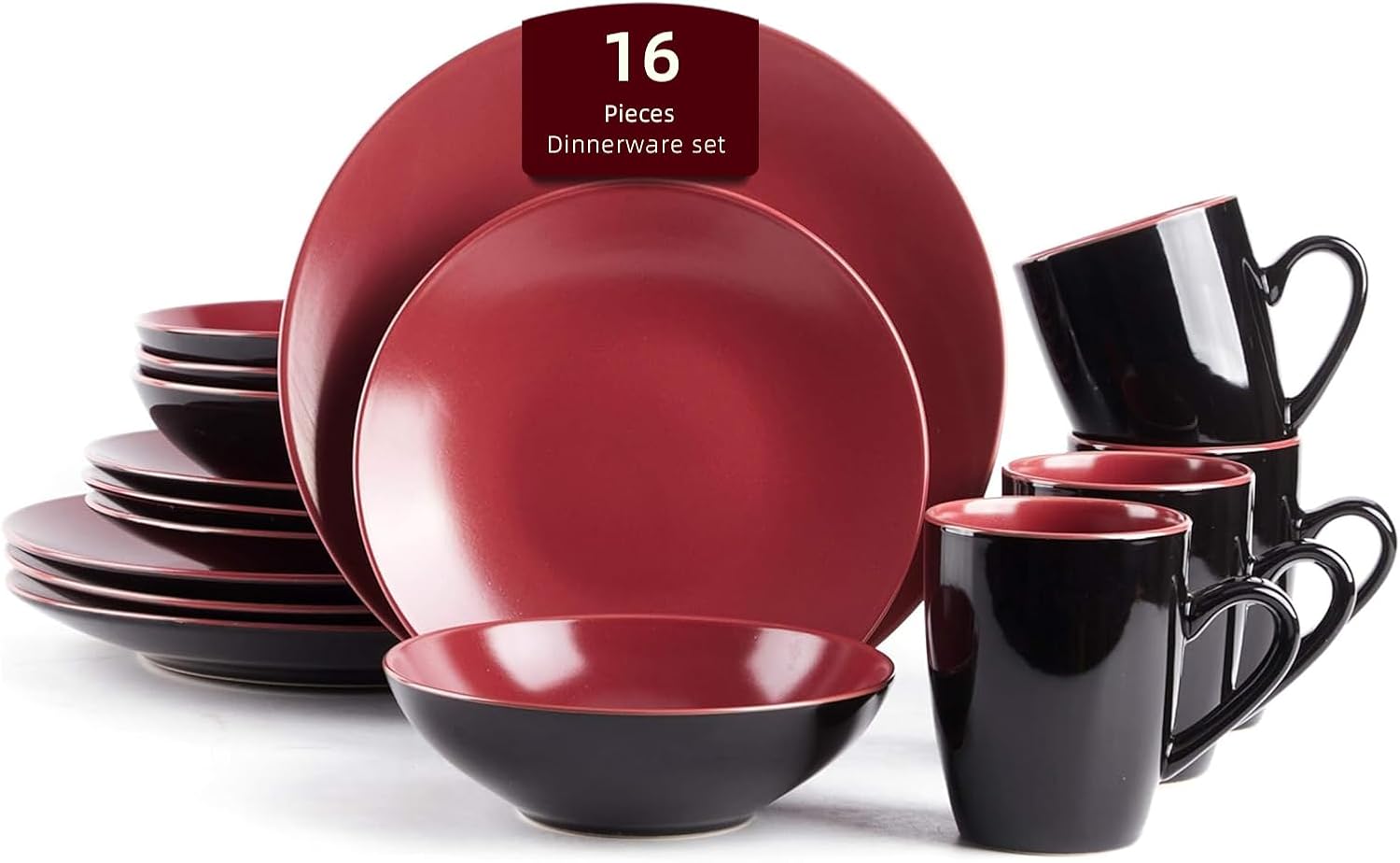 Stoneware Two-Tone Colors Life 16pc Dinner Set，Outside Shiny Black + Inside Matte Glaze Olive