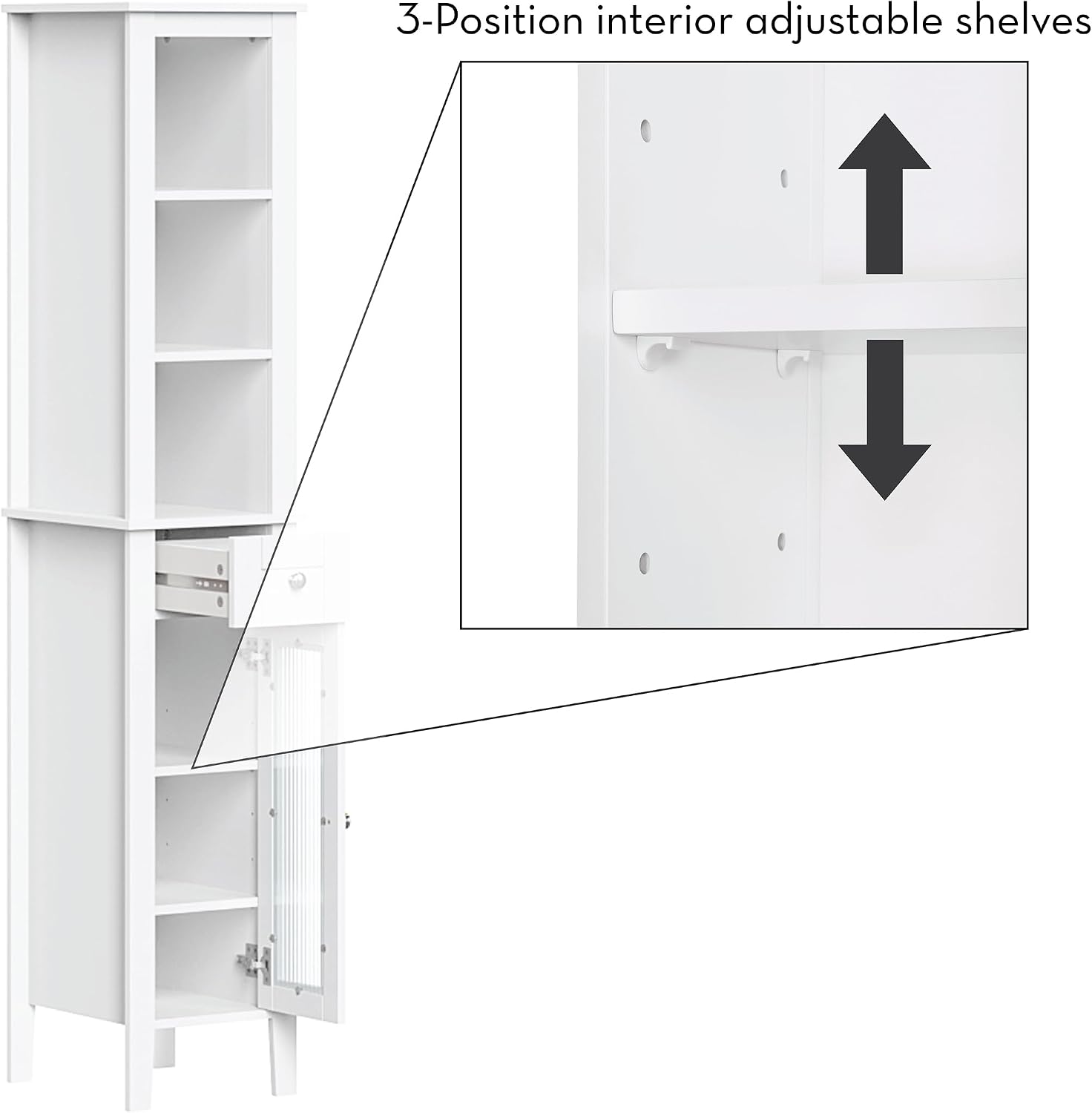 RiverRidge Prescott Tall Slim Bathroom Linen Storage Cabinet, White | Versatile Narrow Organizer with Reeded Glass Door, Open Display