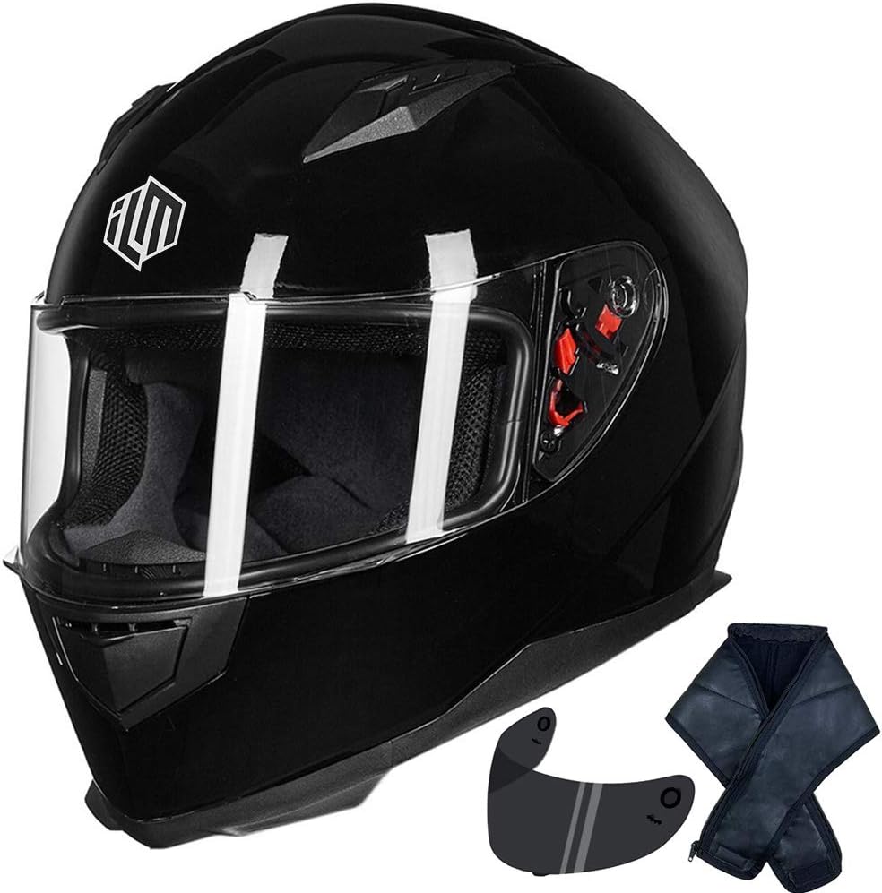 ILM Full Face Motorcycle Street Bike Helmet with Removable Winter Neck Scarf + 2 Visors DOT Model ILM-313