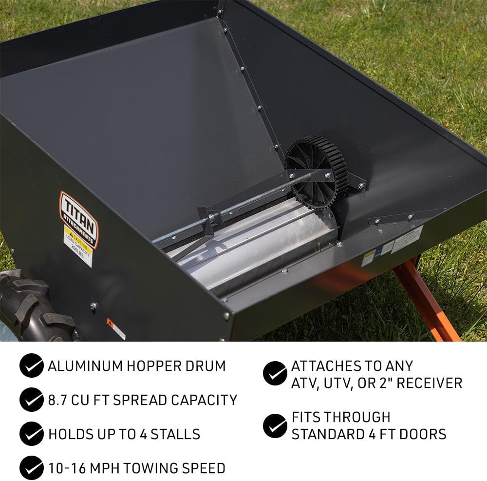 Titan Attachments Compact Manure Spreader, Rated 8.7 Cu. FT, Utility Tow-Behind ATV/UTV Lawn Tractor Spreader