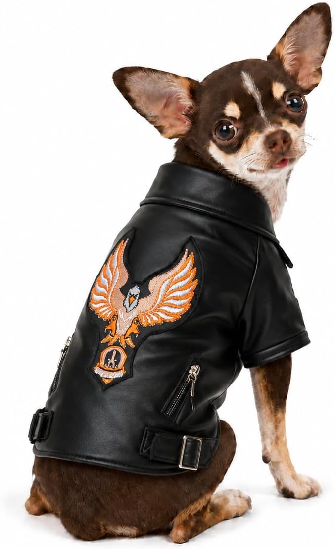 Lovelonglong Cool Dog Leather Jacket, Warm Coats Dogs Windproof Cold Weather Coats for Large Medium Small Dogs with Eagle Embroidery Black XS