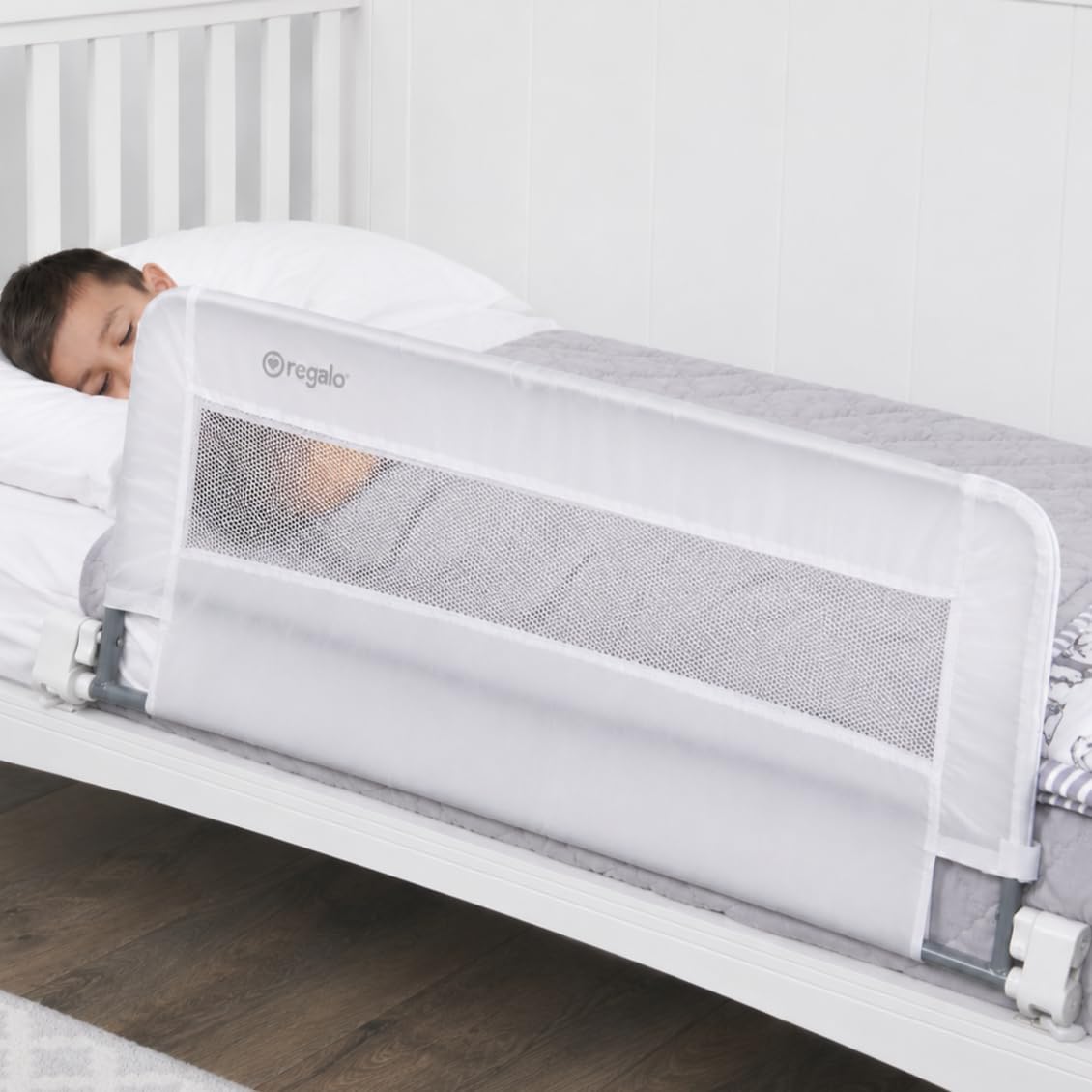 Regalo Safety 54” Extra Long Hideaway Bed Rail Guard for Toddlers, Toddler Bed Rail with Reinforced Anchor Safety System, 20” Tall Bed Safety Rail, Fits Twin, Full & Queen Beds
