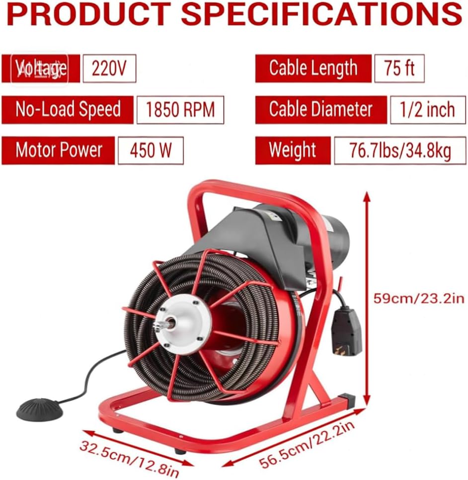 100Ft 3/4 Inch Drain Cleaning Machine. Sewer Snake 750w Auto Feed | Portable Drain Cleaning Machine Electric Drain Auger Sewer Auger with 6 Cutter Air-Activated Foot Switch for 4" to 8" Pipes