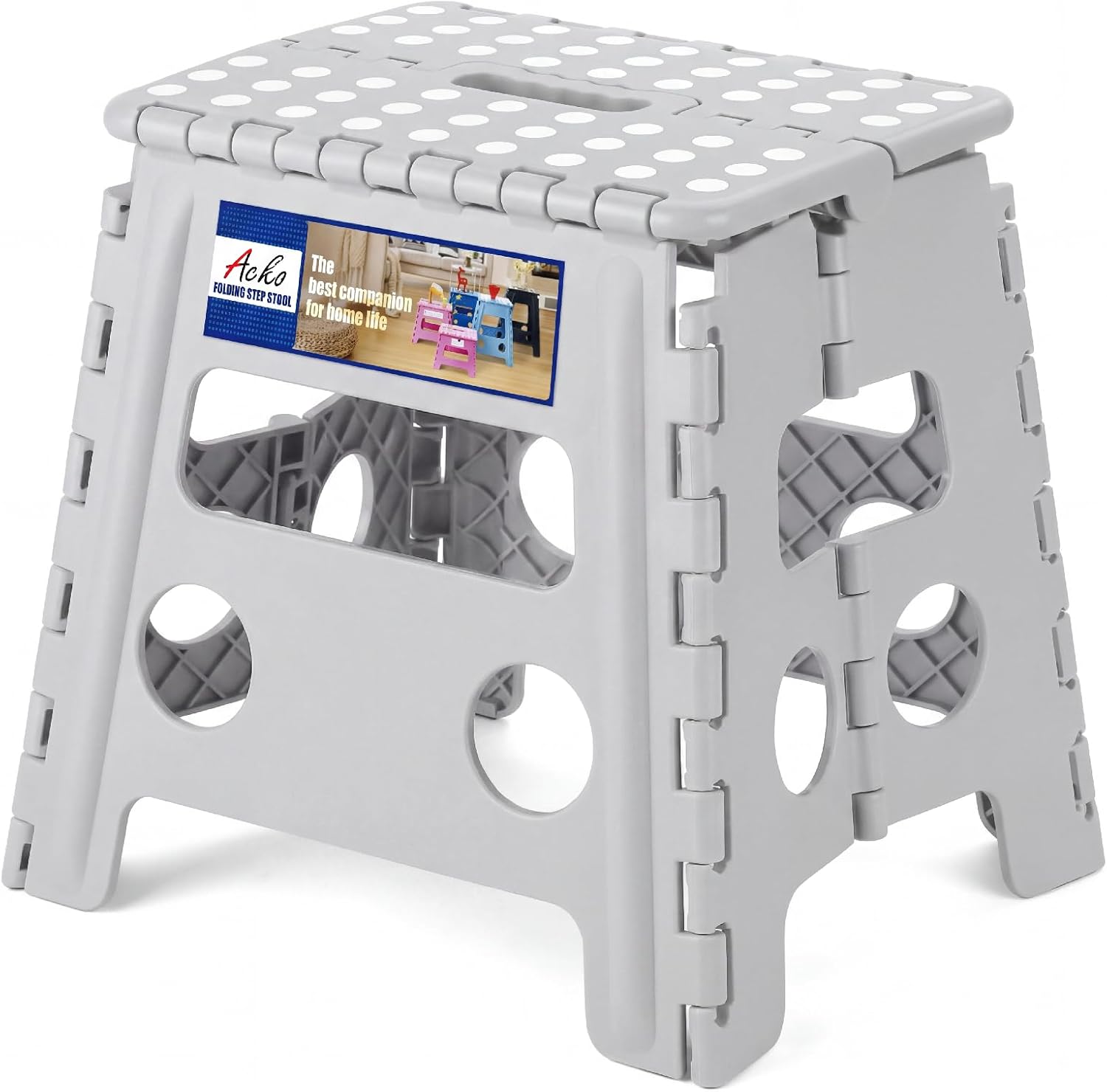 ACKO 13 Inch Folding Step Stool, Holds 300 lb for Adults and Kids, Black | Collapsible Heavy Duty Foldable Stools, Portable Non-Slip Foot Stepping stool, Kitchen Bathroom Bedroom Outdoor with Handle
