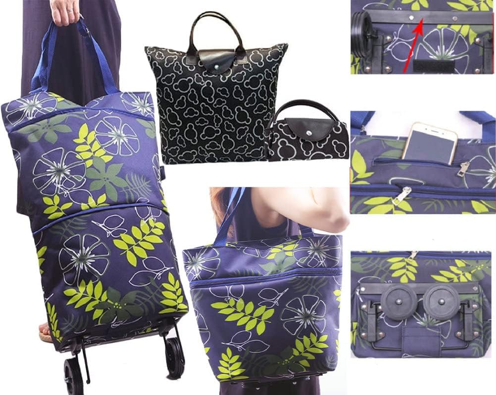 Collapsible Shopping Bag with Wheels Portable Shopping Cart with 360° Swivel Wheels Rolling Tote Bag Reusable Grocery Bag Trolley Bag on Wheels for Travel Shopping and Daily Use(Blue)