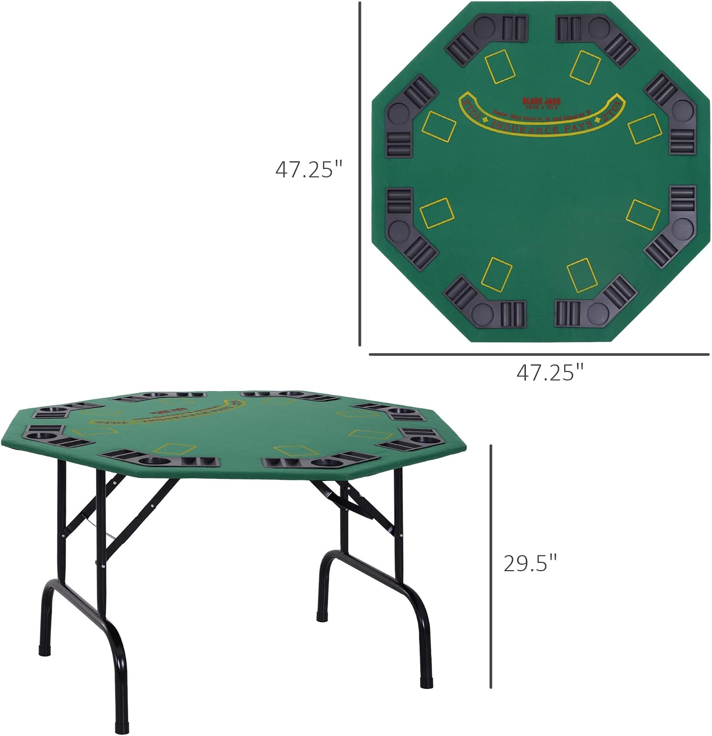 Soozier Poker Table Foldable 47" Octagon 8 Players Cup Holders Blue Felt