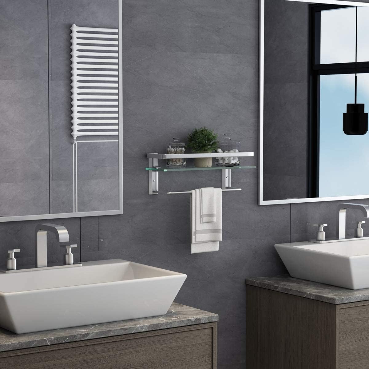 VOLPONE Bathroom Wall Shelf 15.7in Bathroom Glass Shelves Wall Mount Glass Shelf Rustproof Bathroom Wall Organizer 3 Tier (Sliver)