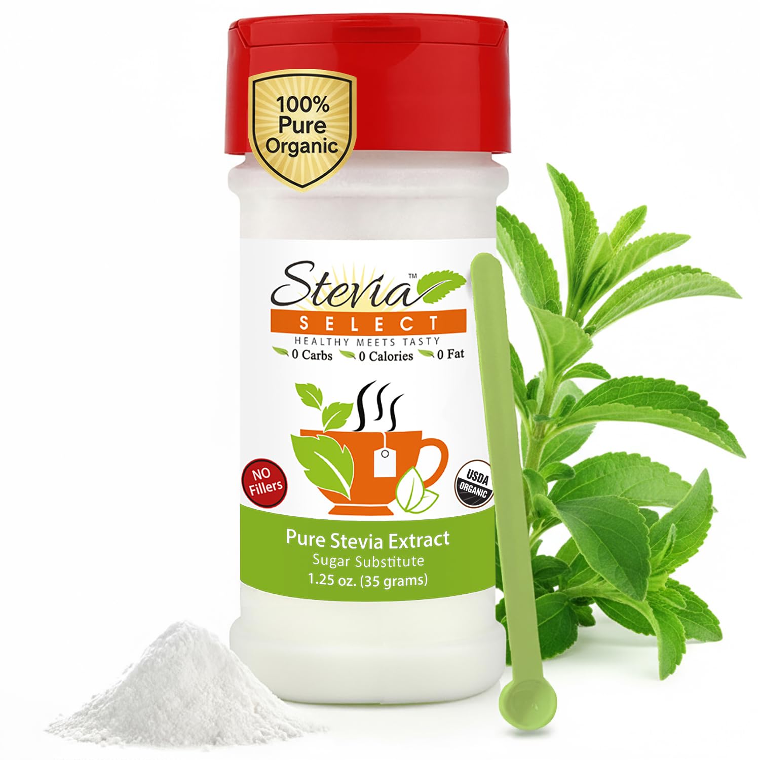 Stevia Select Organic Stevia Powder 1.25oz - Sugar Free Plant Based Pure Stevia Sweetener Stevia Extract Keto Sugar Substitute No Additives Zero Calorie