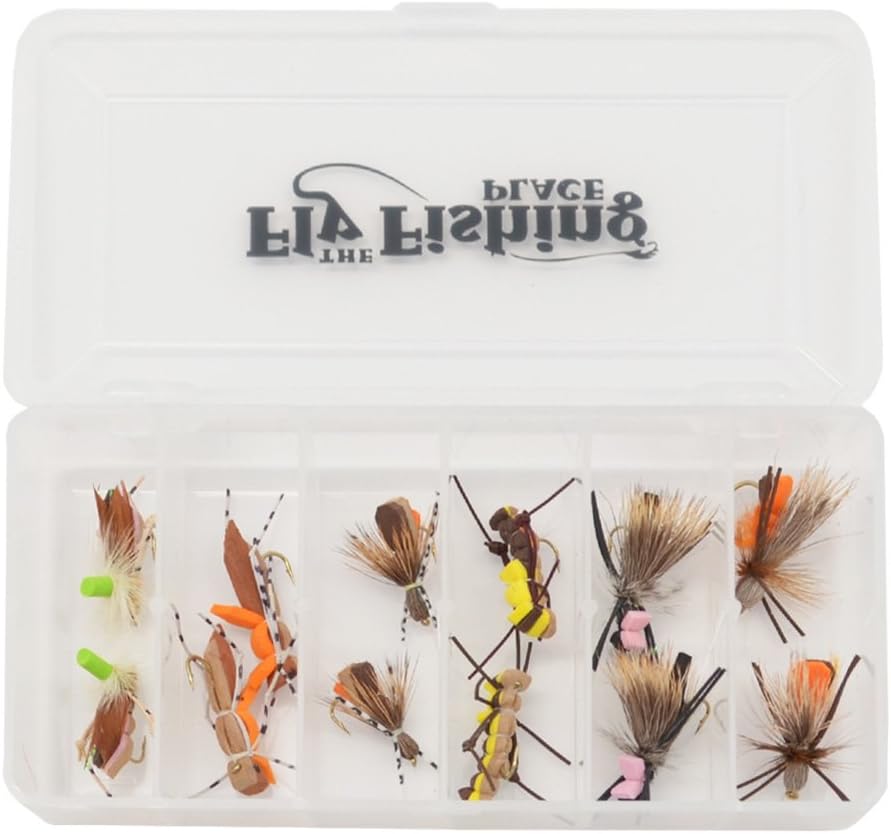 The Fly Fishing Place Foam Hopper Fly Fishing Flies Assortment, 12 Flies | Grasshopper Dropper Hoppers Patterns, 2 Each of 6 Patterns, Fly Box