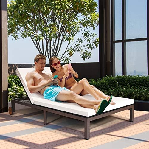 Tangkula 2-Person Patio Lounge Chair, Outdoor Rattan Double Wicker Daybed Chaise with Adjustable Backrest Wheels & Cushion